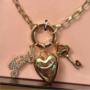 🆕️JUICY COUTURE gold puffy heart necklace gothic rhinestone logo key charms Y2K
